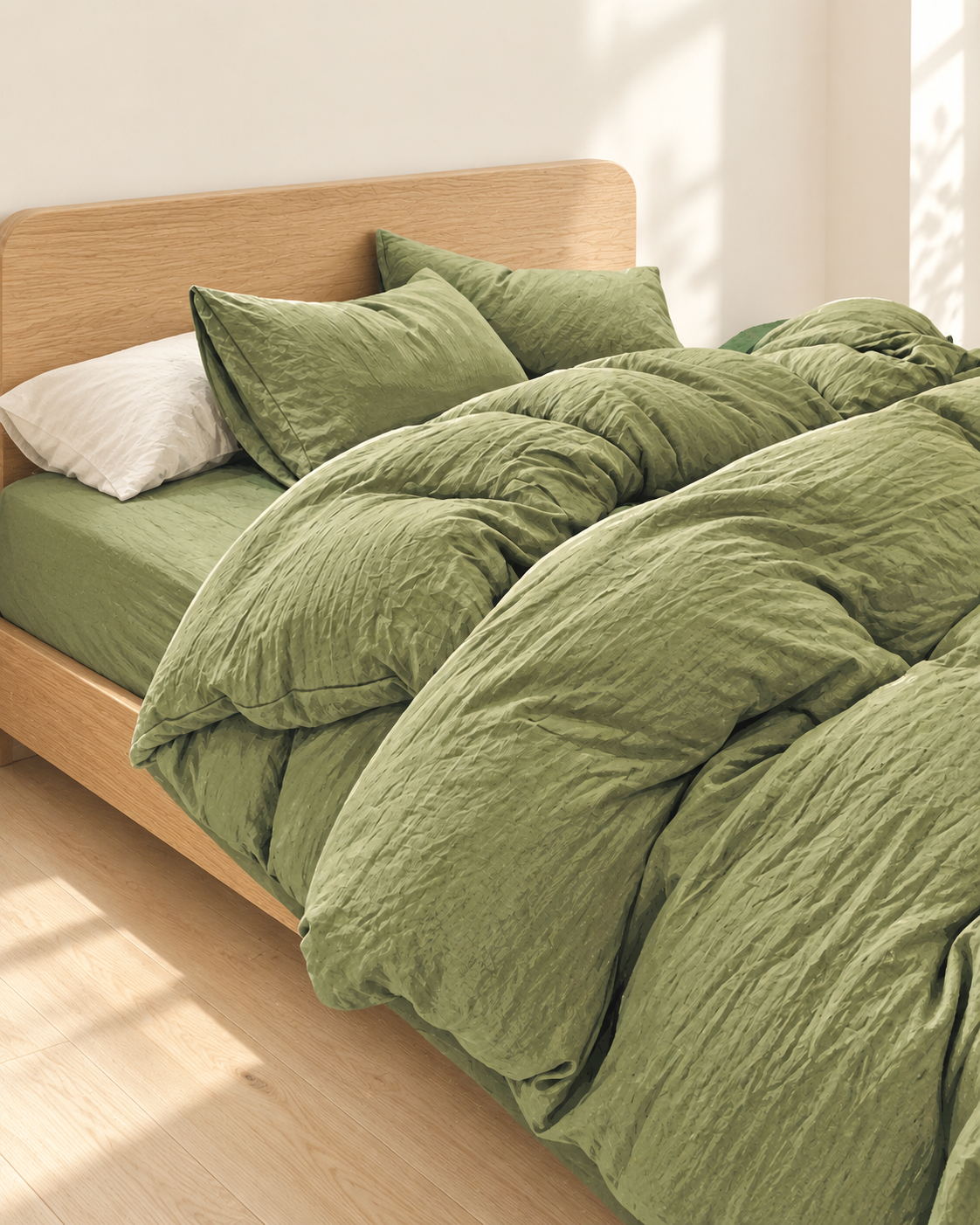 Olive green cotton bedding in a neutral bedroom — product view
