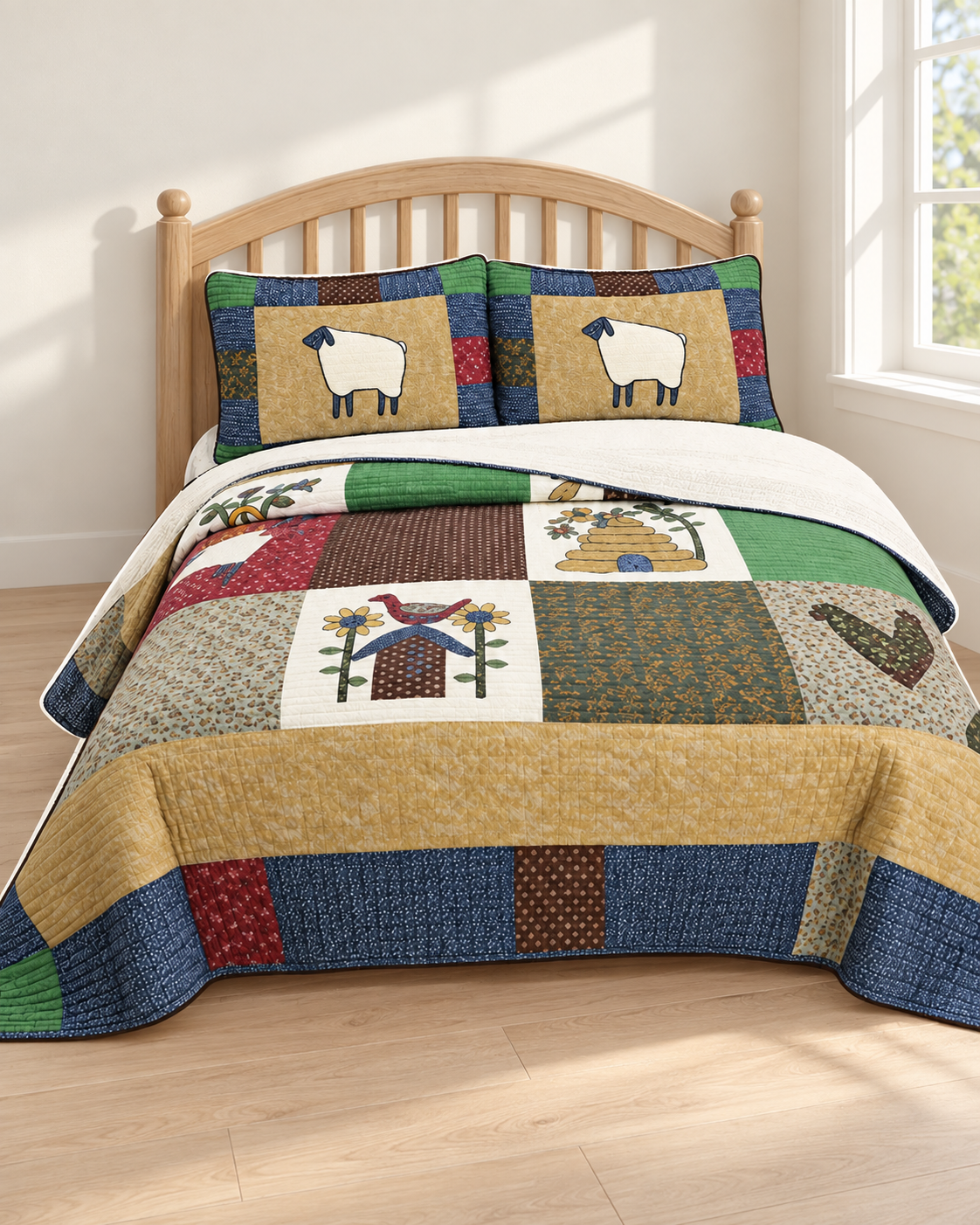 Lamb patchwork bedding against a calm neutral bedroom background